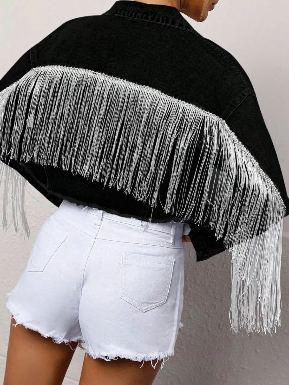 Fringe Button Up Cropped Denim Jacket - Lilixa.store