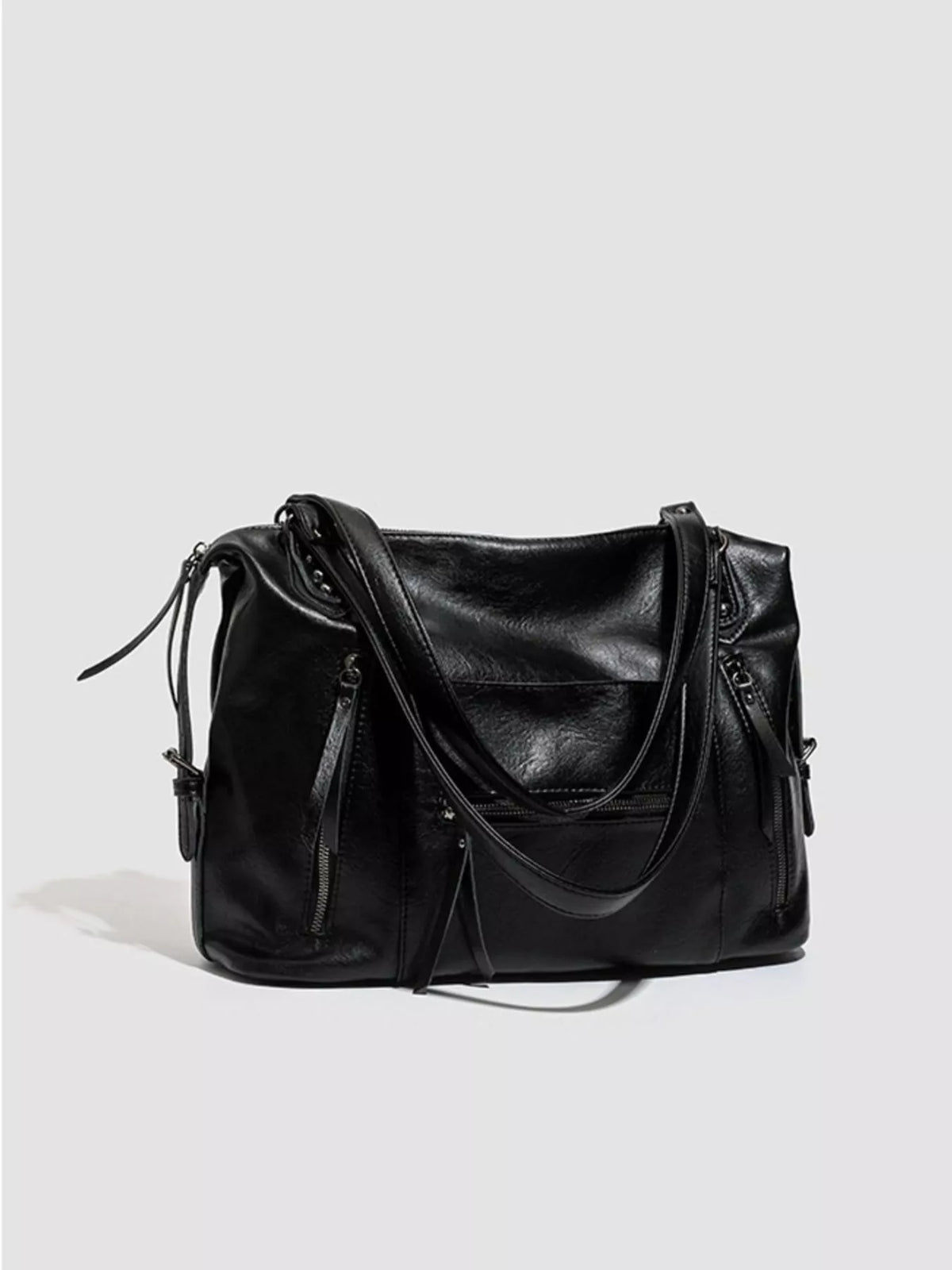 Multi-Pocket Zippered Shoulder Bag in Black, view 8