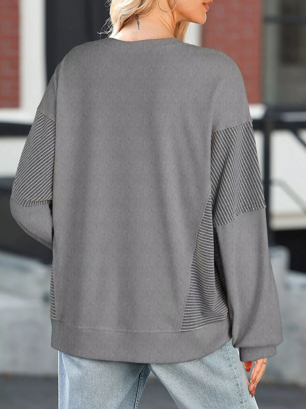 Striped Round Neck Long Sleeve Sweatshirt - Lilixa.store