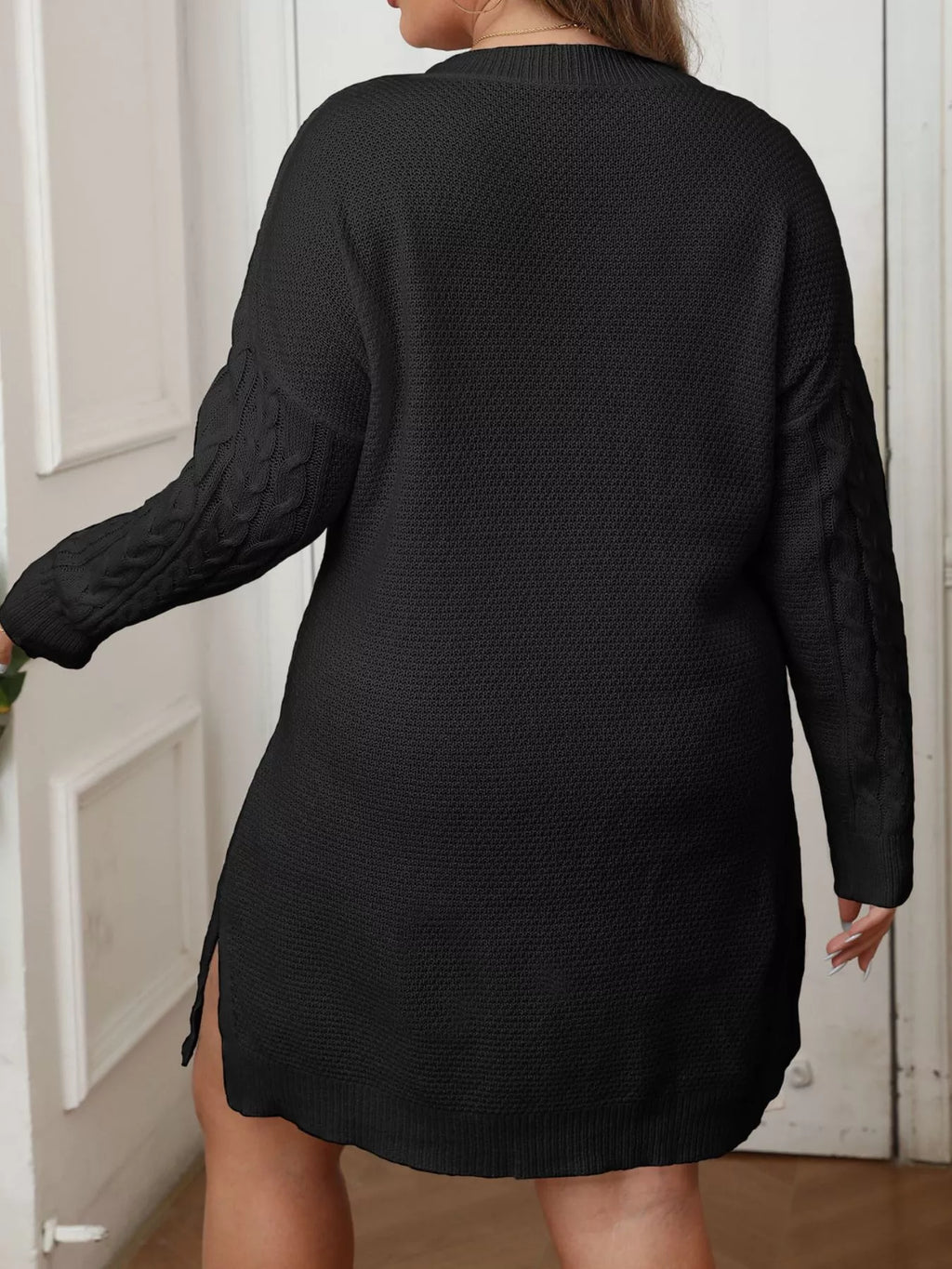 Plus Size Cable Knit Long Sleeve Sweater Dress - Lilixa.store