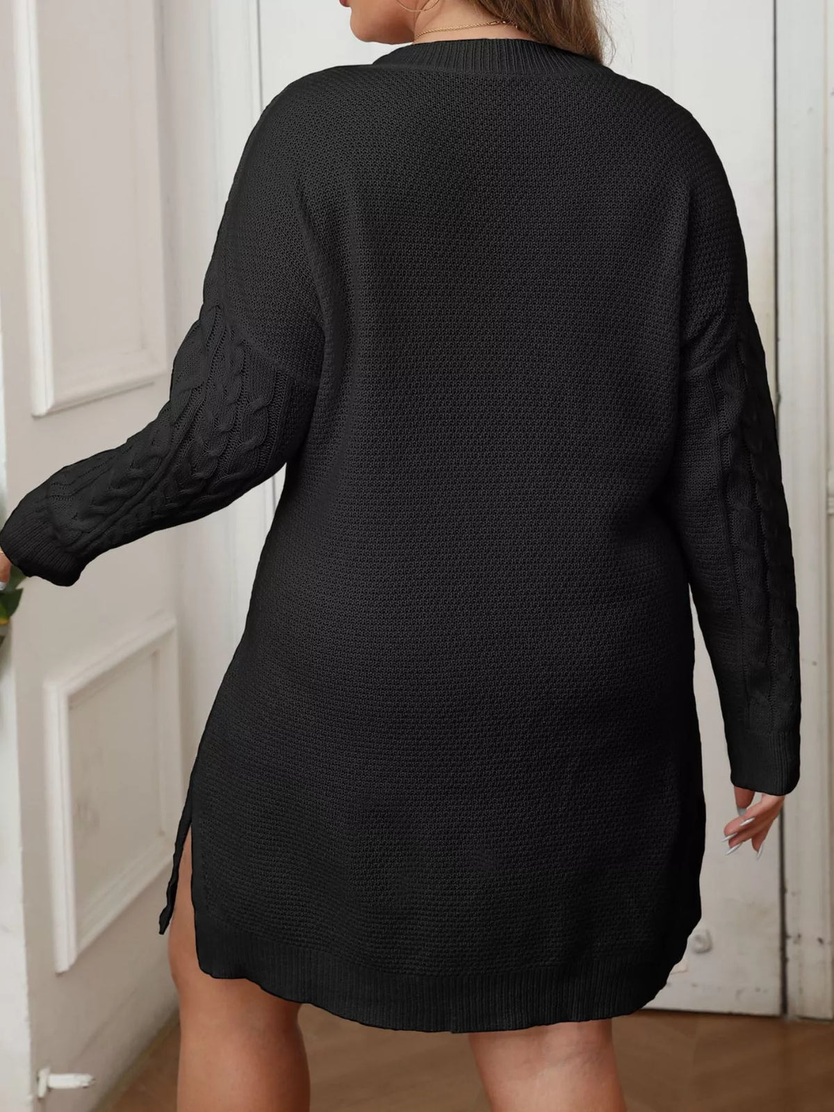 Plus Size Cable Knit Long Sleeve Sweater Dress - Lilixa.store