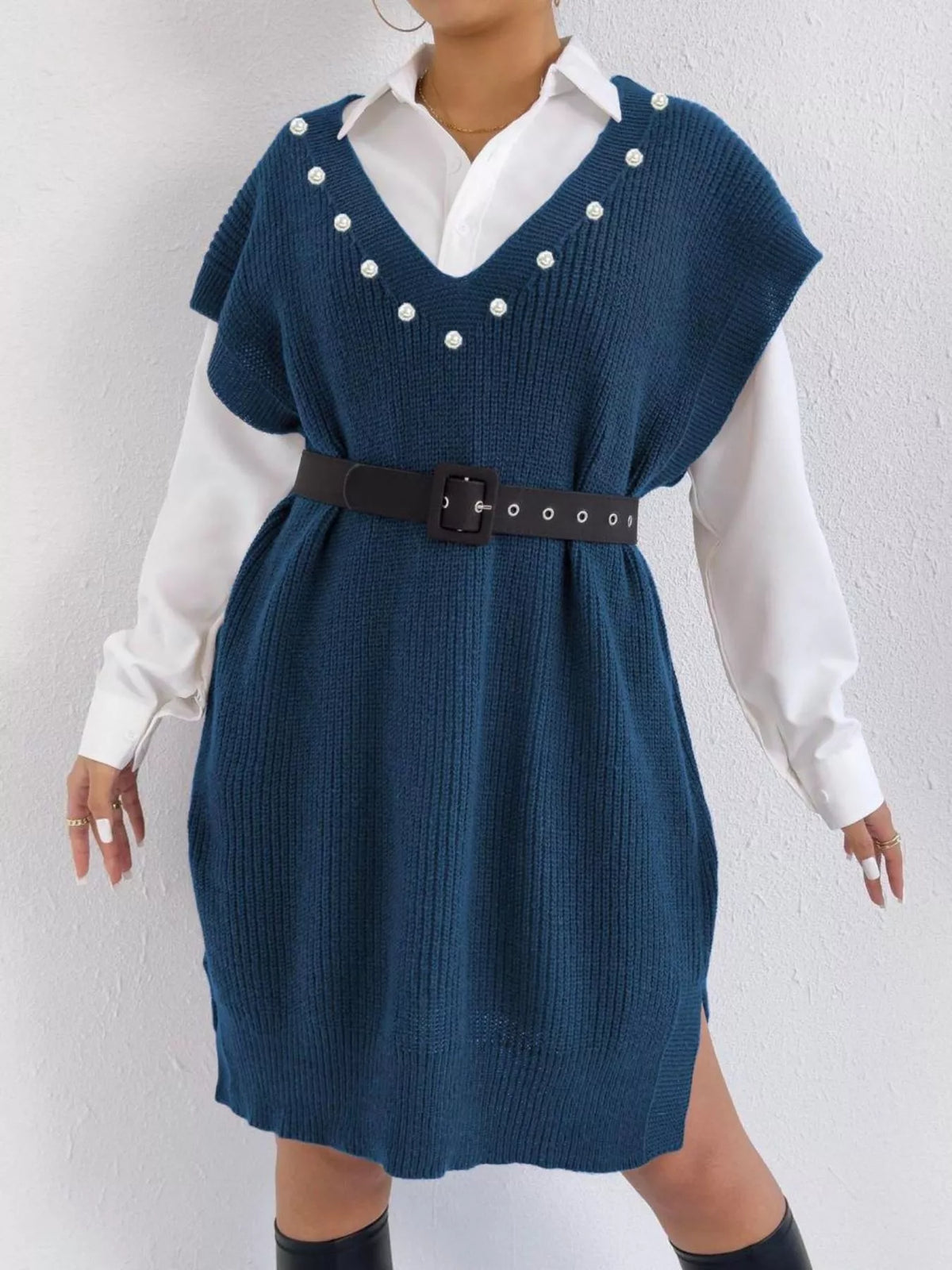 Slit V-Neck Sweater Dress, view 6