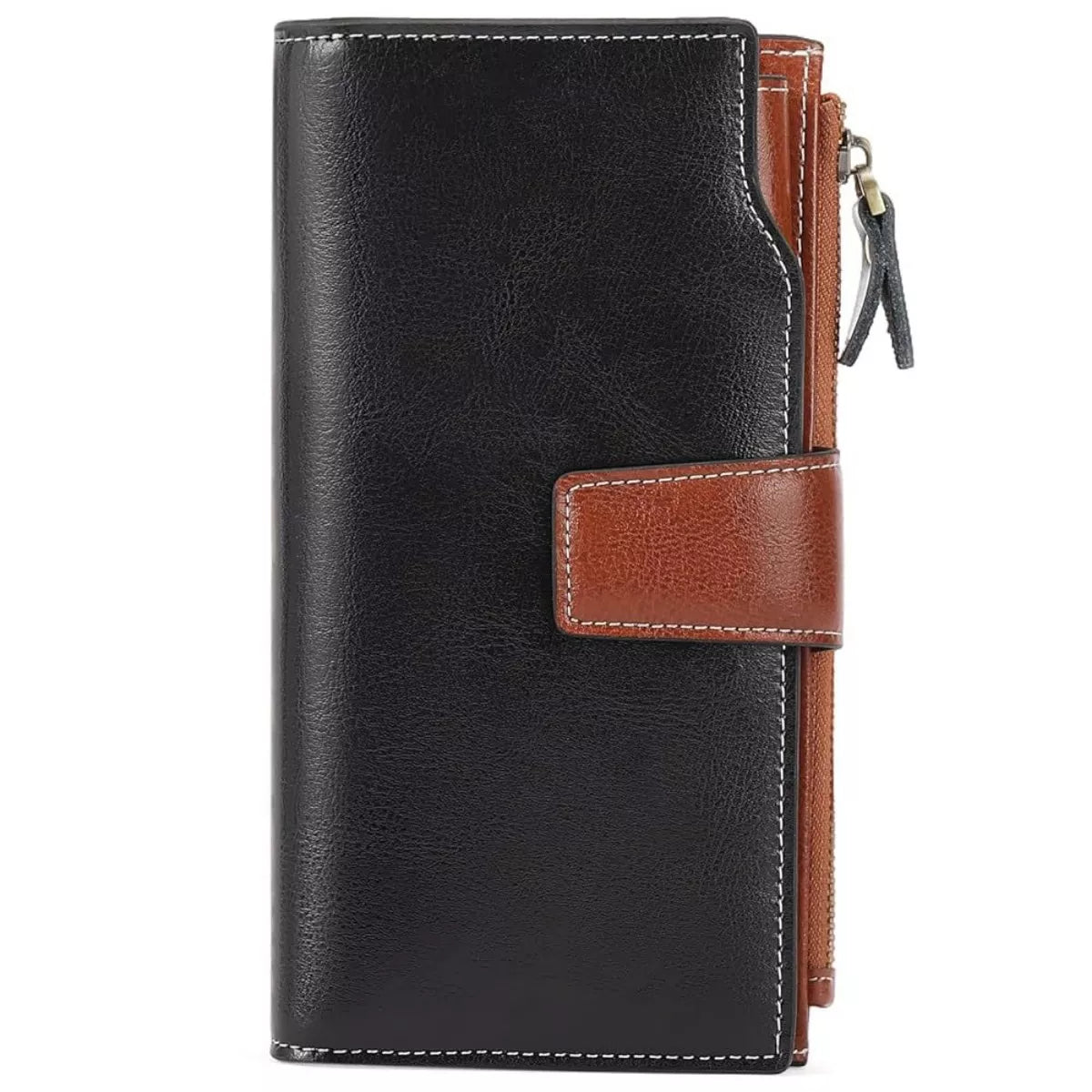 Vintage Style Long Leather Wallet in Black
