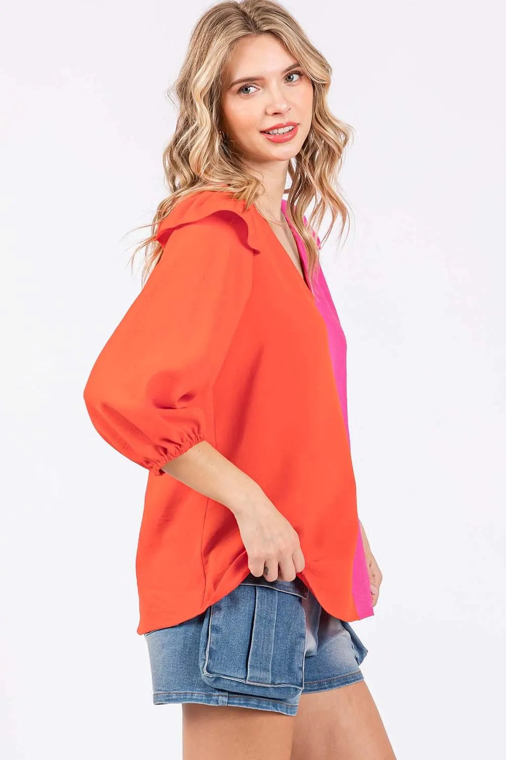 GeeGee Full Size Ruffle Trim Contrast Blouse - Lilixa.store