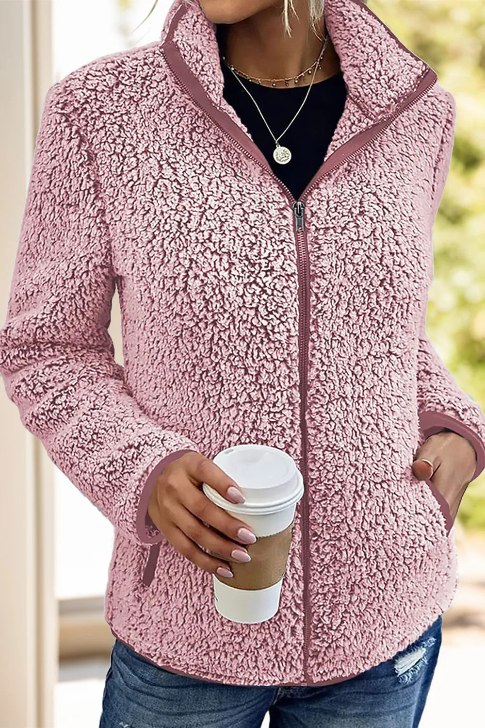 Pocketed Zip Up Turtleneck Jacket in Dusty Pink