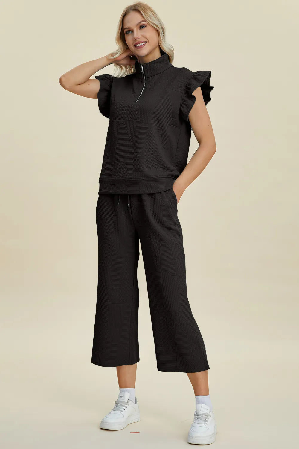 Double Take Full Size Texture Ruffle Short Sleeve Top and Wide Leg Pants Set, view 26