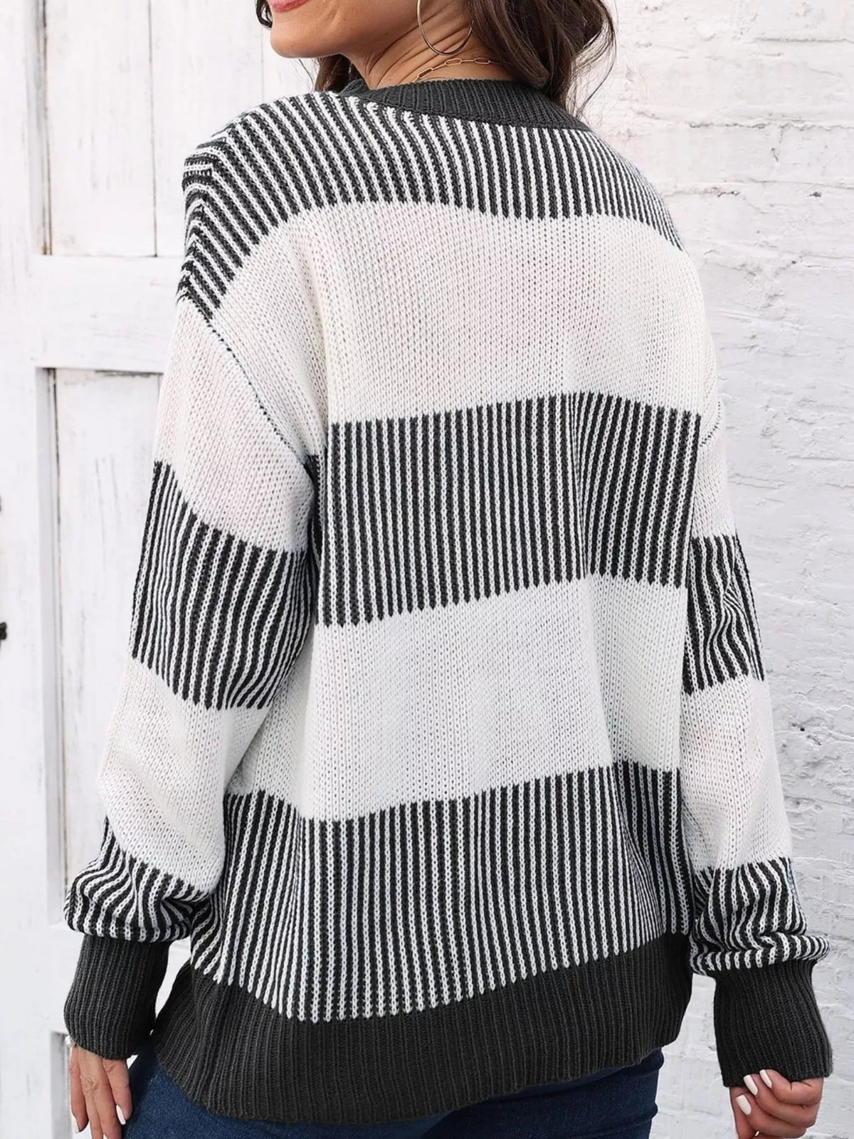 Full Size Striped Color Block Crew Neck Sweater Plus Size, view 9