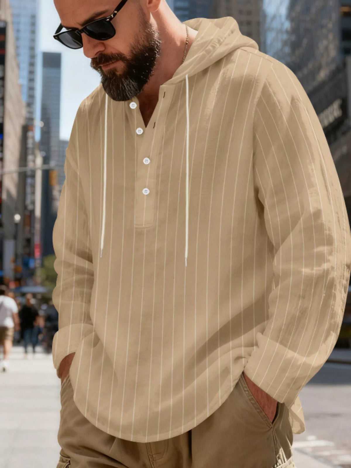 Men's Full Size Casual Striped Henley Hoodie with Drawstring Plus Size, view 13