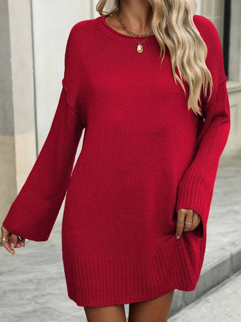 Round Neck Dropped Shoulder Sweater - Lilixa.store