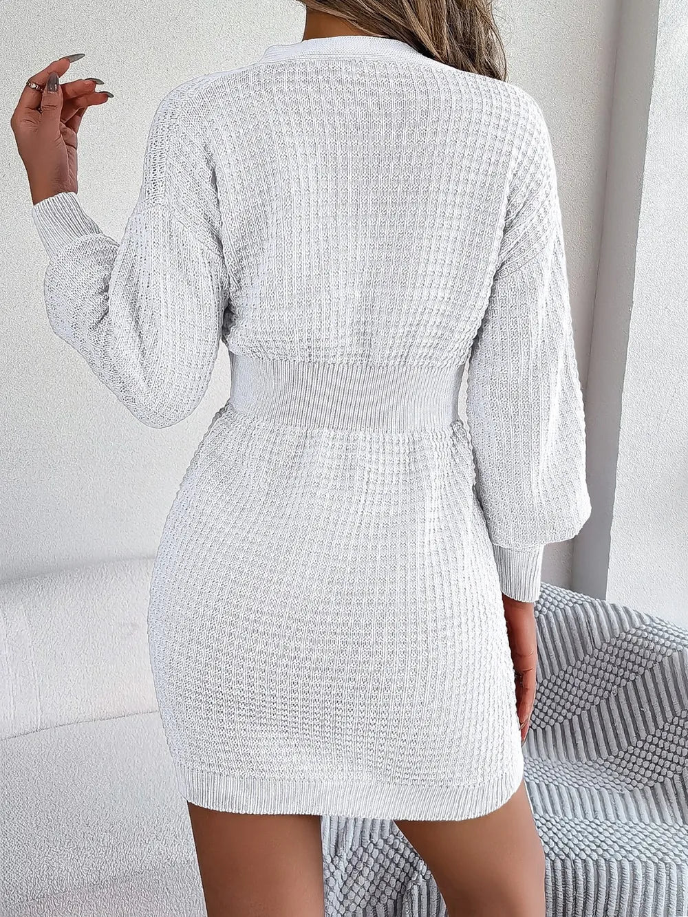 Buttoned Cable-Knit V-Neck Sweater Dress, view 6
