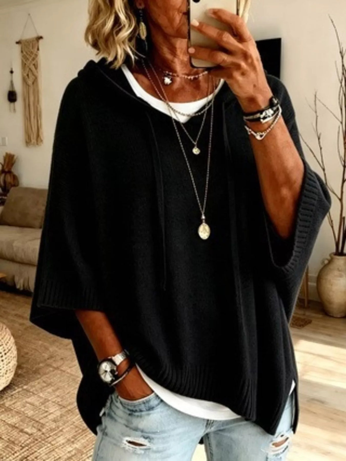 Casual Loose Fit Hooded Knit Sweater with Ribbed Hem in Black