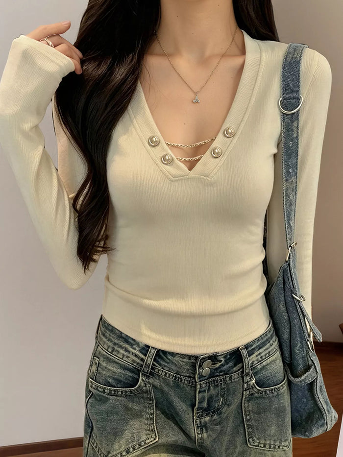 Decorative Pearl Buttons V-Neck Long Sleeve T-Shirt - Lilixa.store