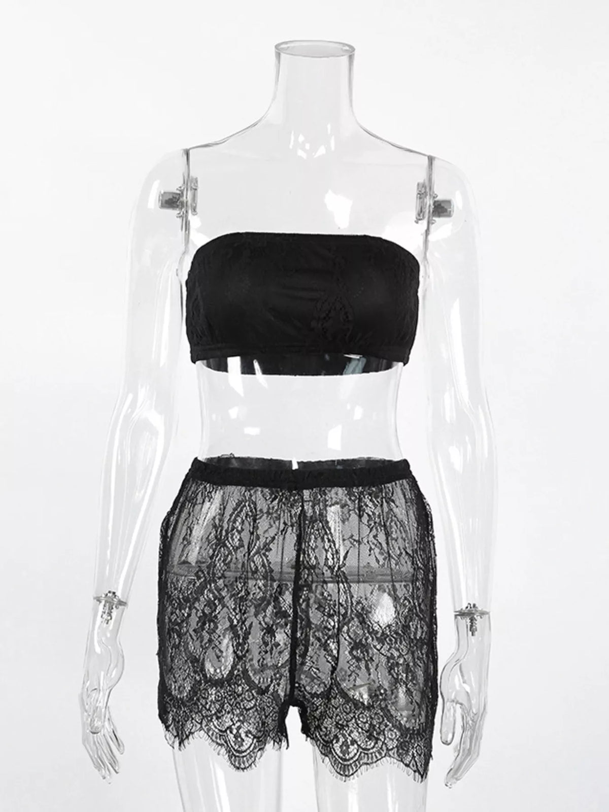 Lace Tube Top & Cardigan and Shorts Three-Piece Lounge Set - Lilixa.store