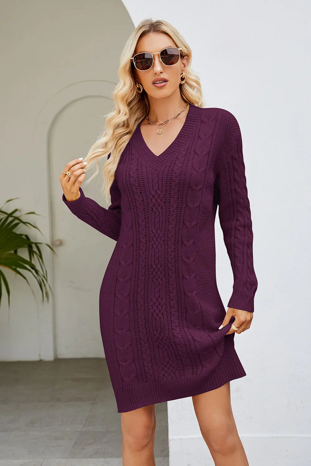 Cable-Knit Long Sleeve Sweater Dress in Magenta