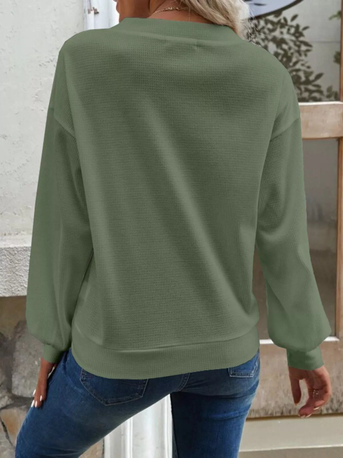 Casual V-Neck Waffle Long Sleeve Top, view 6