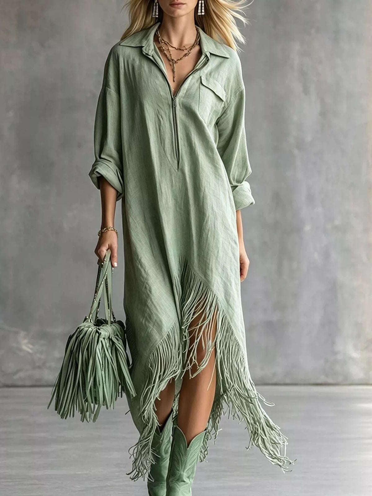 Zipper-Front Fringe Hem Midi Dress