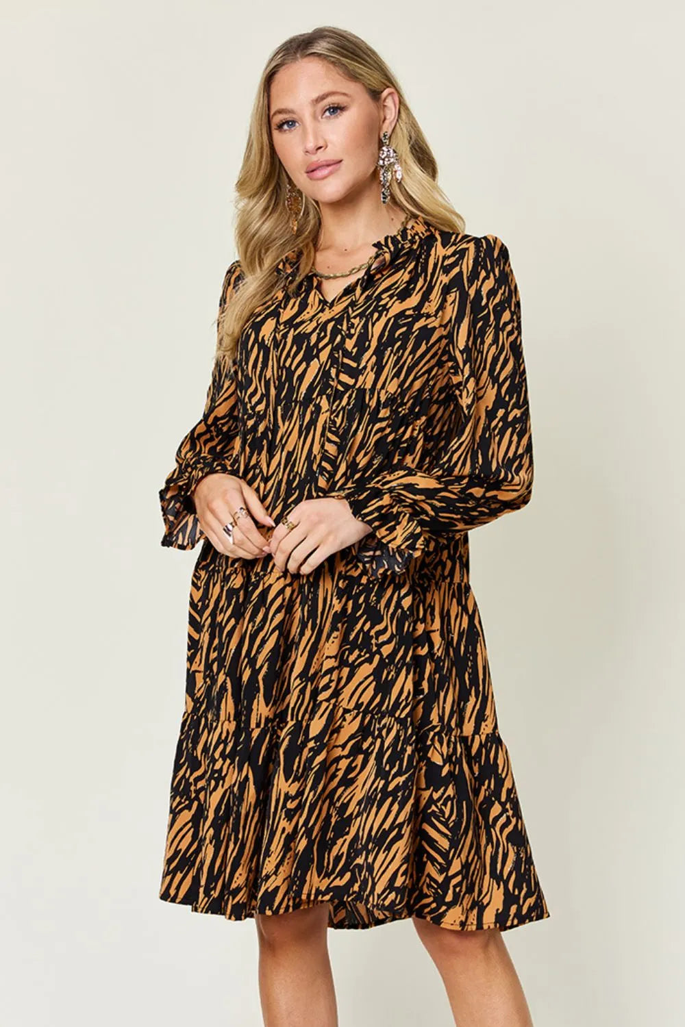 Double Take Full Size Printed Ruffle Hem Long Sleeve Dress Plus Size - Lilixa.store
