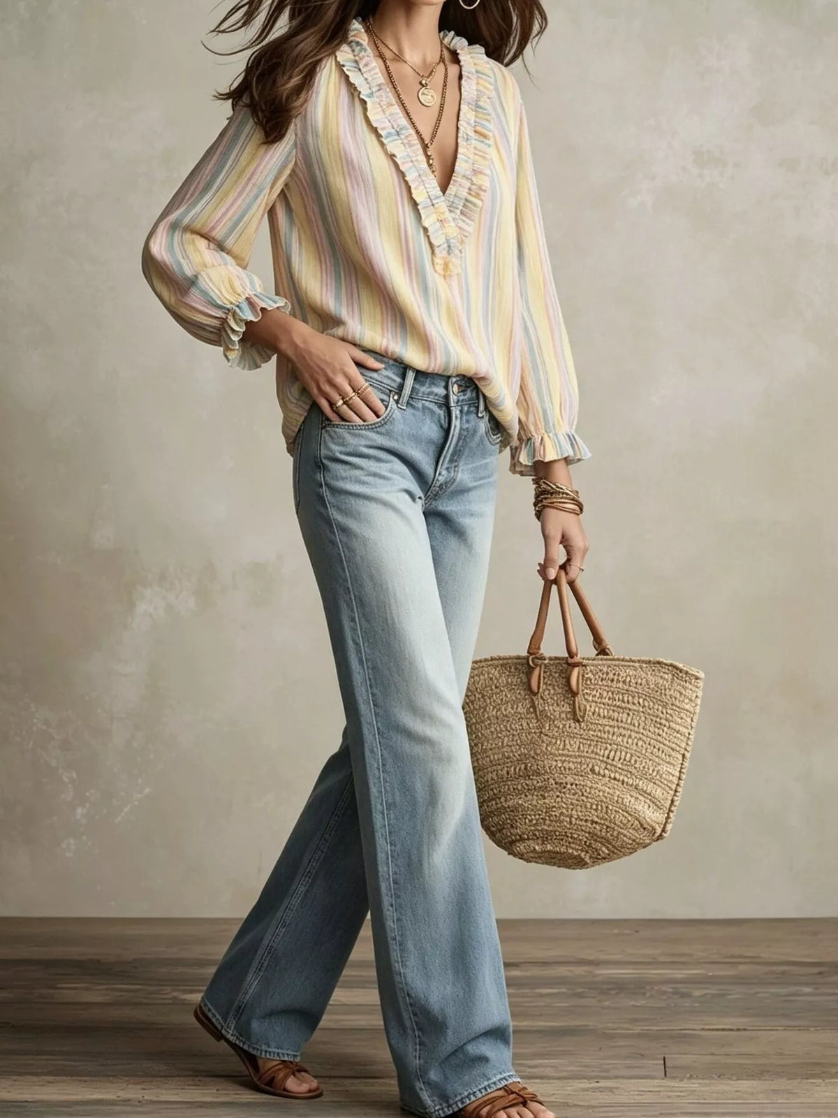 Striped Ruffle-Trim V-Neck Blouse - Lilixa.store