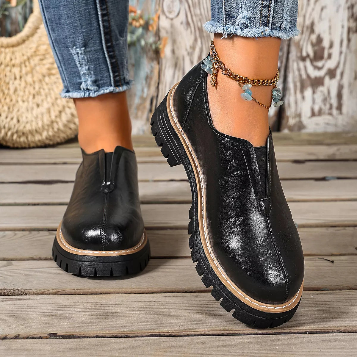 Round Toe Slip-On Loafers in Black