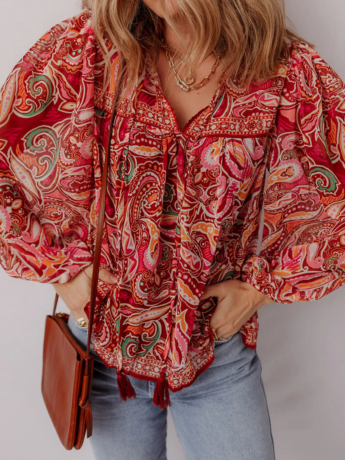 Multicolour Ethnic Paisley Print Tassel Tie Puff Sleeve Boho Blouse in Floral, view 3