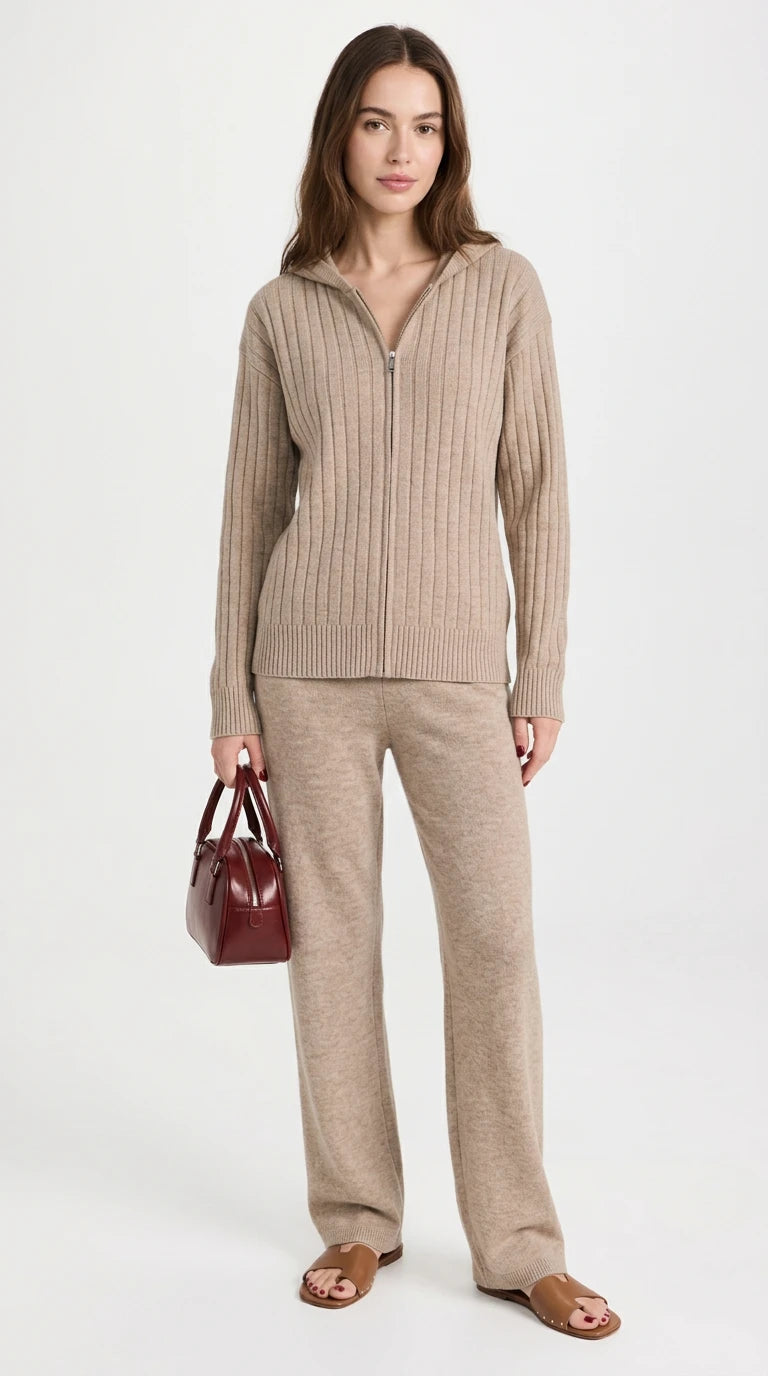 Cozy Ribbed Knit Zip-Up Hoodie and Wide-Leg Pants Sweater Set in Tan