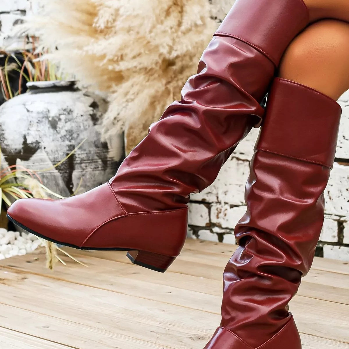 Ruched Knee-High Low Block Heel Boots, view 5