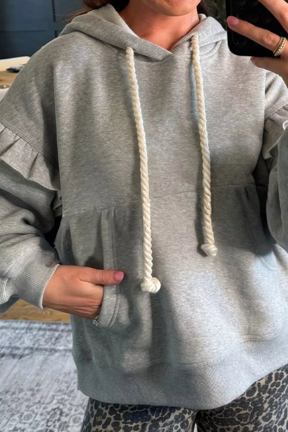 Ruffled Drawstring Long Sleeve Hoodie - Lilixa.store