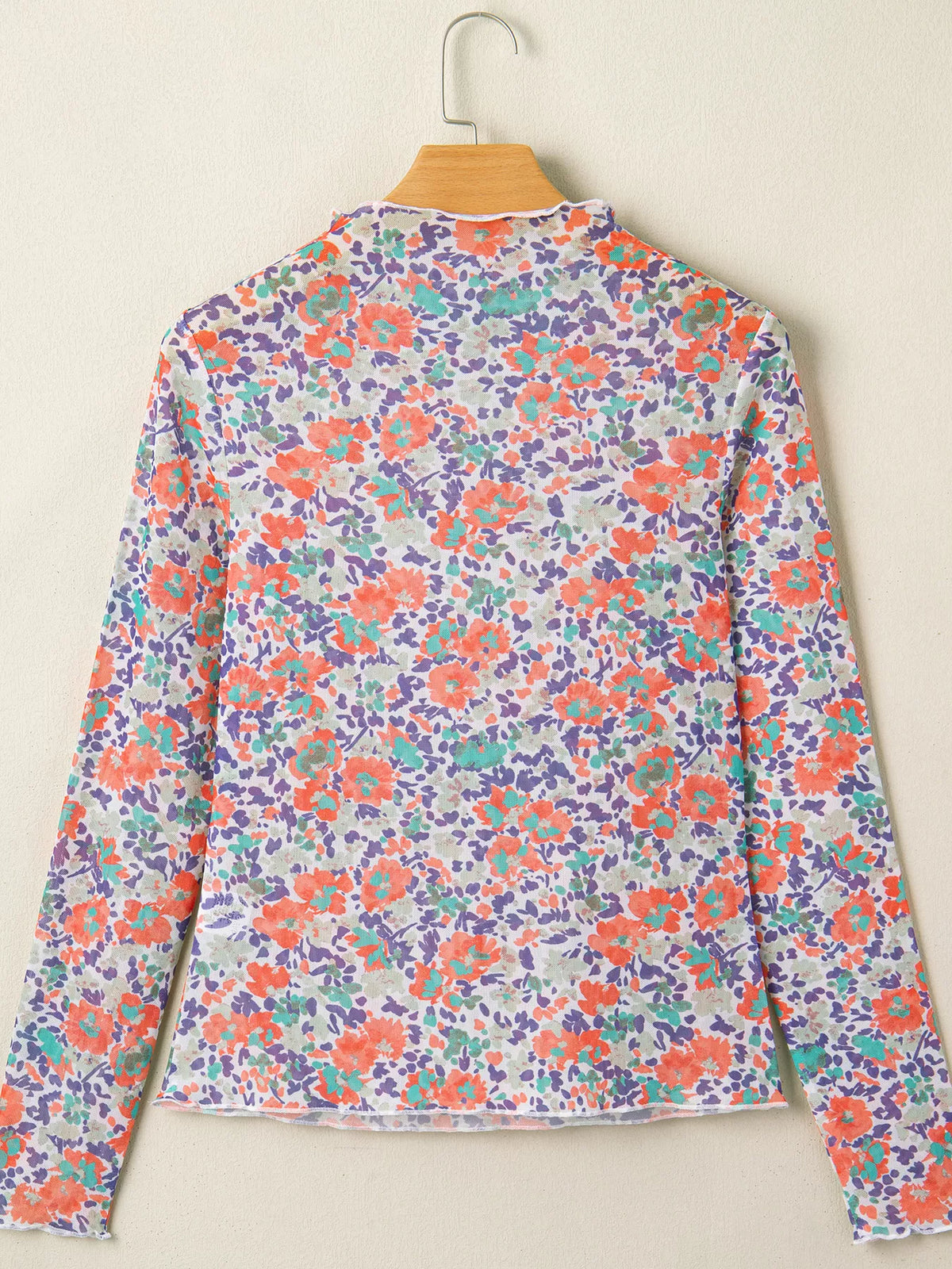 Floral Print Sheer Mesh Long Sleeve Mock Neck Top