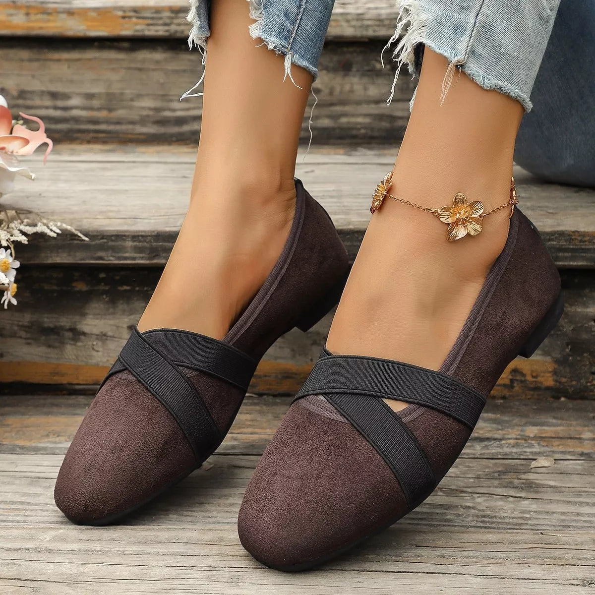 Suede Cross-Strap Slip-On Loafers in Brown