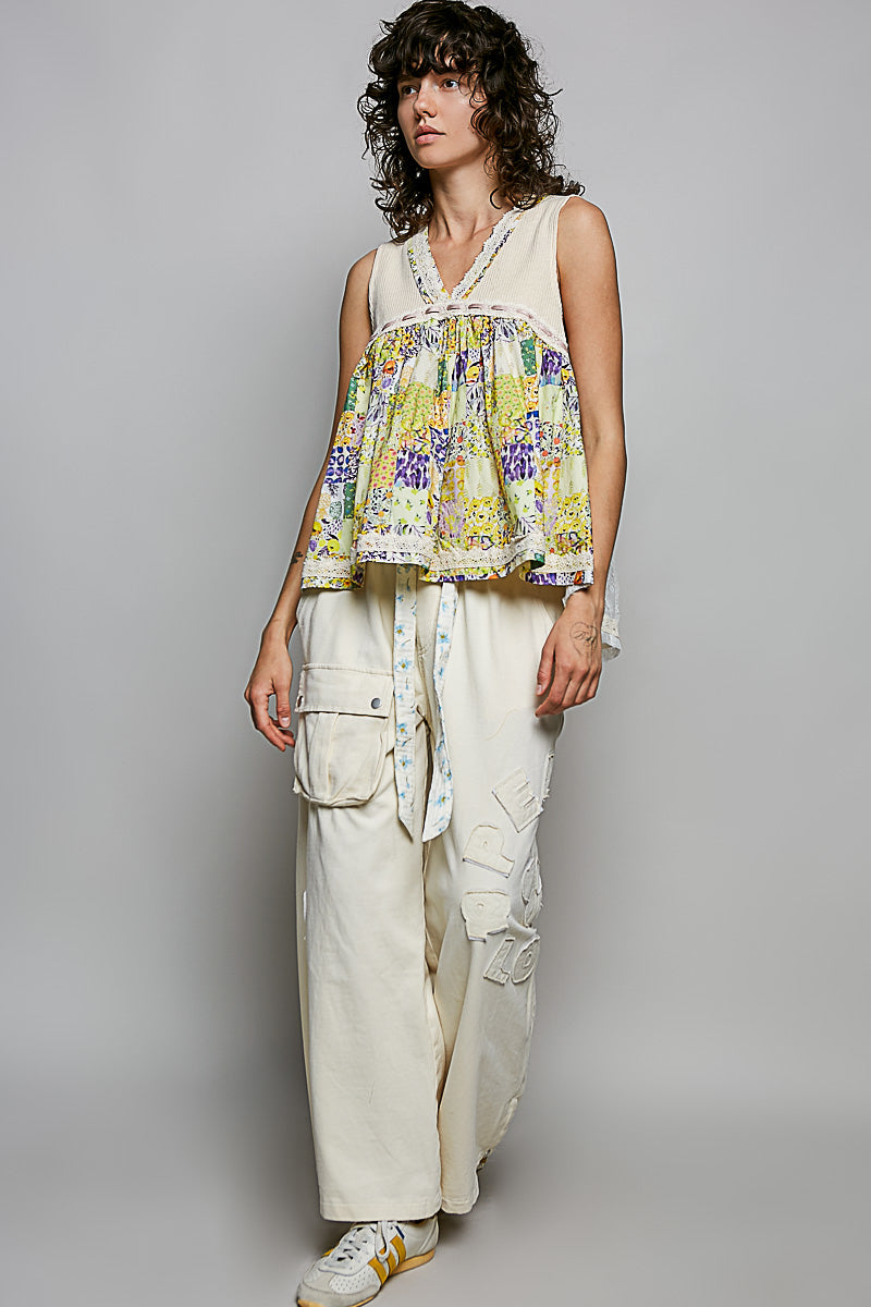 POL Floral V-Neck Sheer Tank with Lace Trim - Lilixa.store