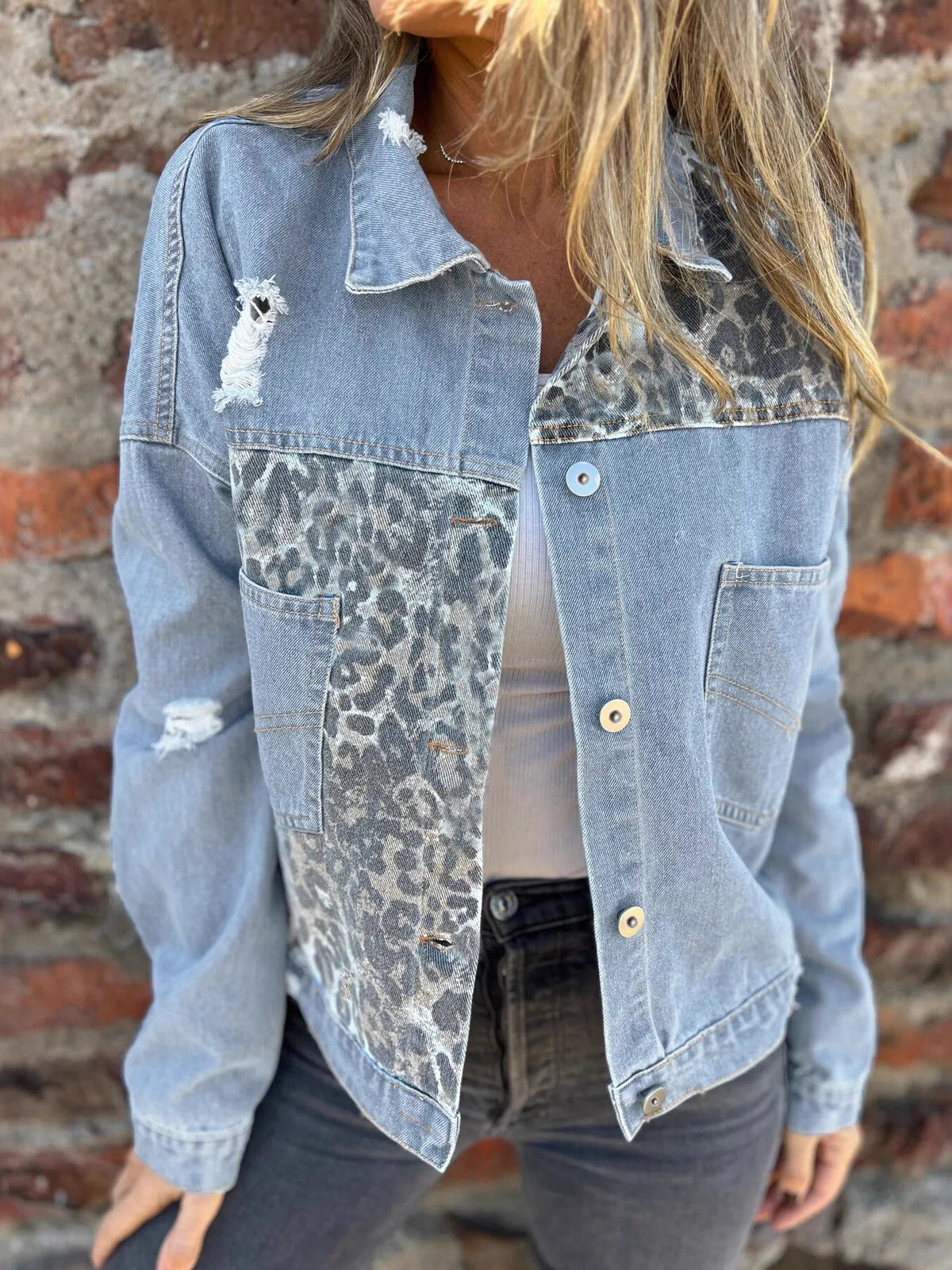 Full Size Leopard Button Up Denim Jacket Plus Size in Light Blue
