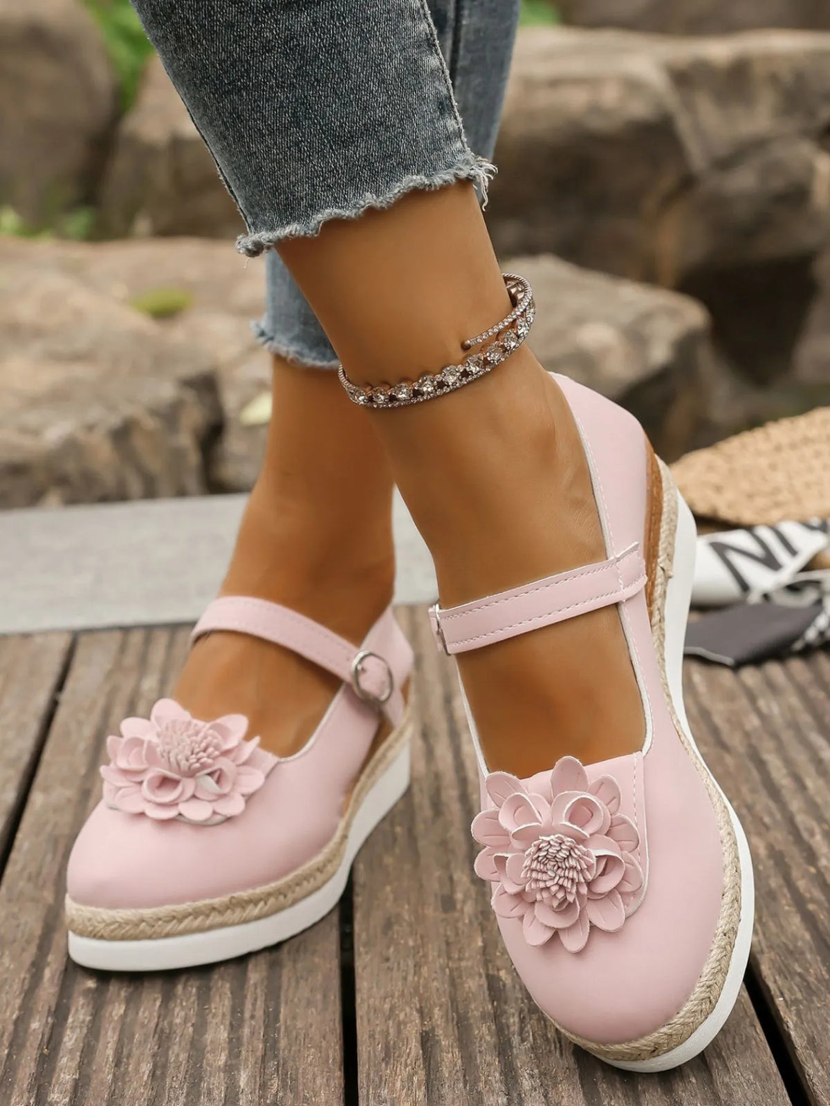 Flower Embellished Mary Jane Loafers in Pink