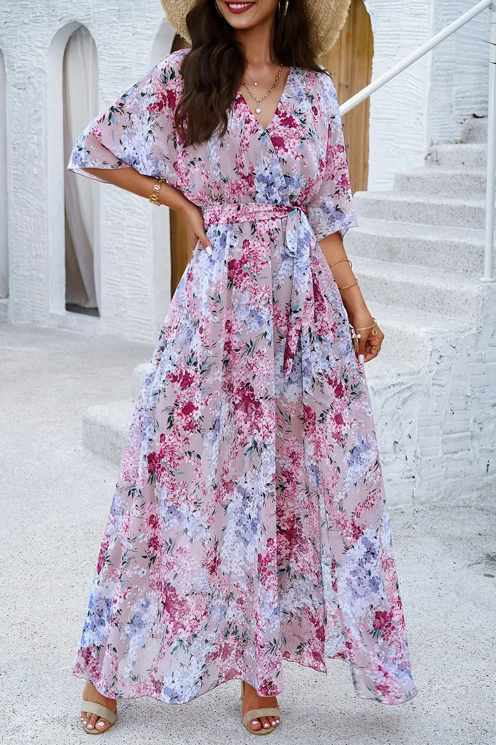 Devine Printed Tied Half Sleeve Slit Dress - Lilixa.store