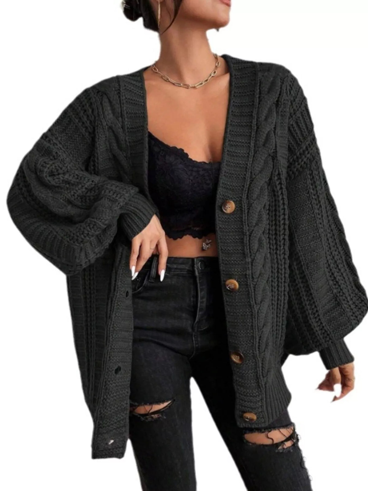Cable Knit V-Neck Button-Down Cardigan - Lilixa.store
