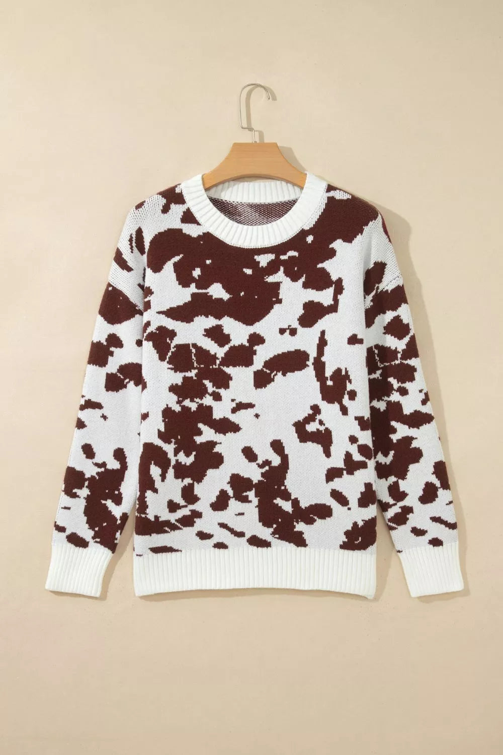 Western Print Cow Pattern Long Sleeve Round Neck Pullover Knitwear Sweater
