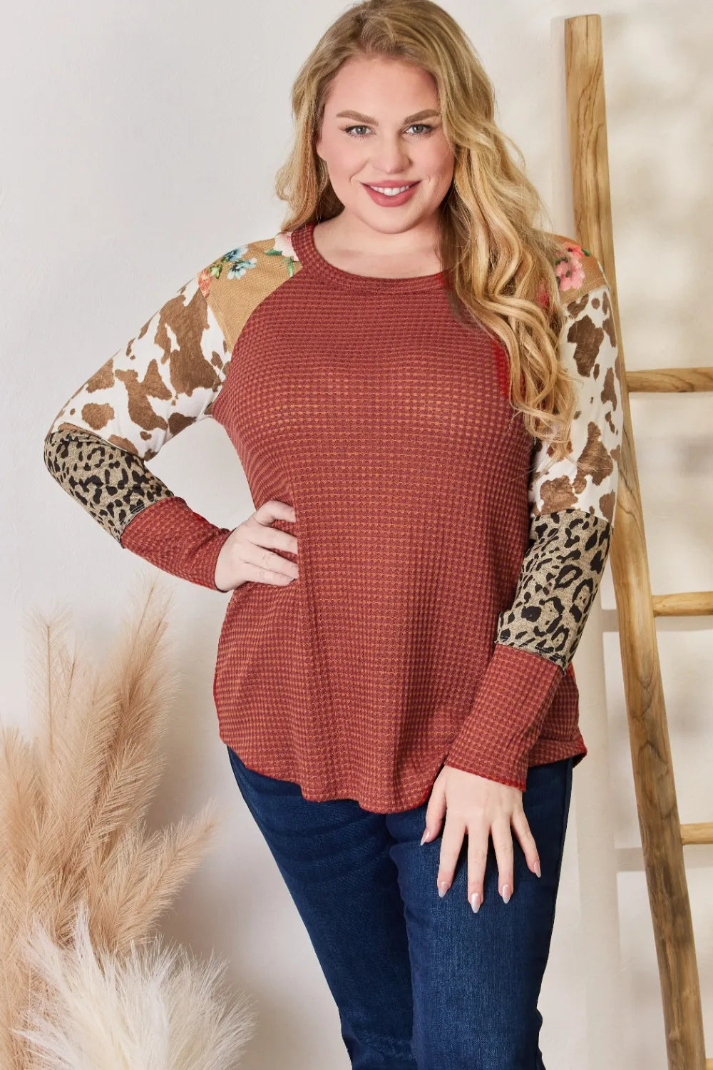 Hailey & Co Full Size Leopard Waffle-Knit Blouse - Lilixa.store