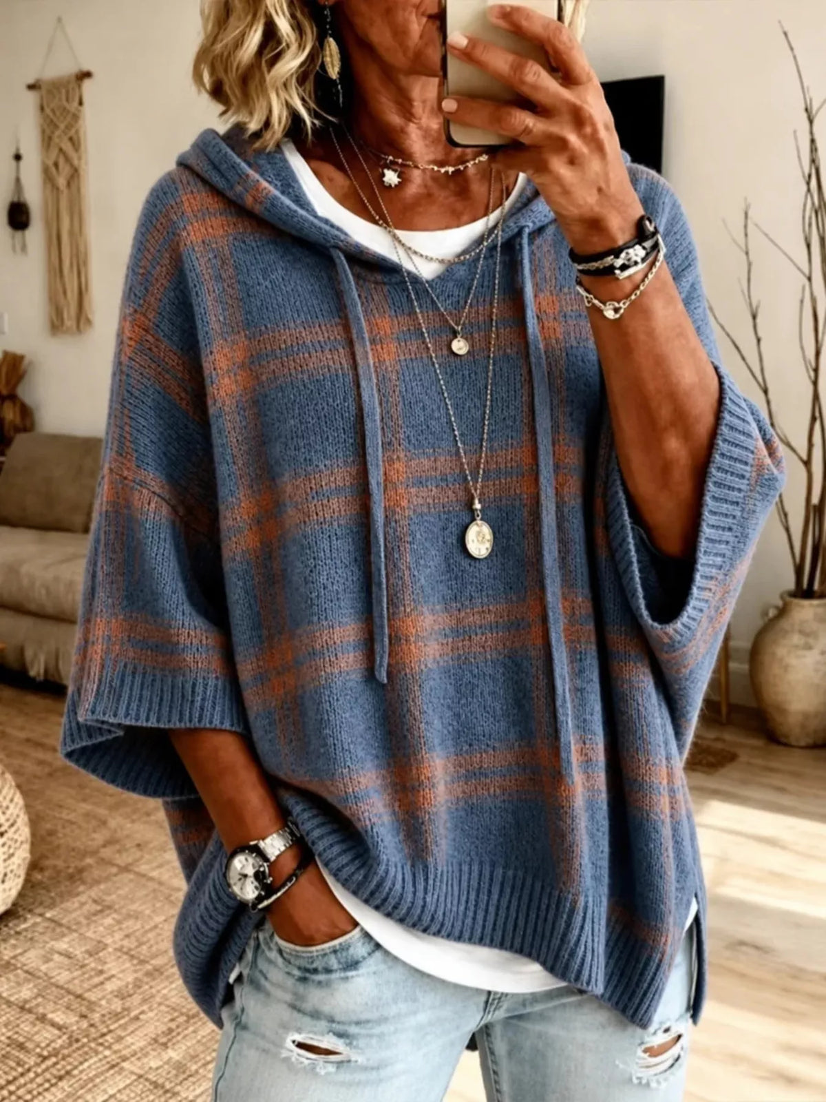Plaid Hooded Knit Sweater in Sea Blue