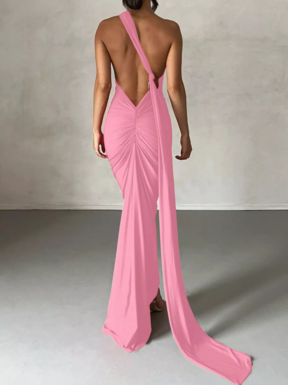 Backless One-Shoulder Ruched Bodycon Maxi Dress, view 24