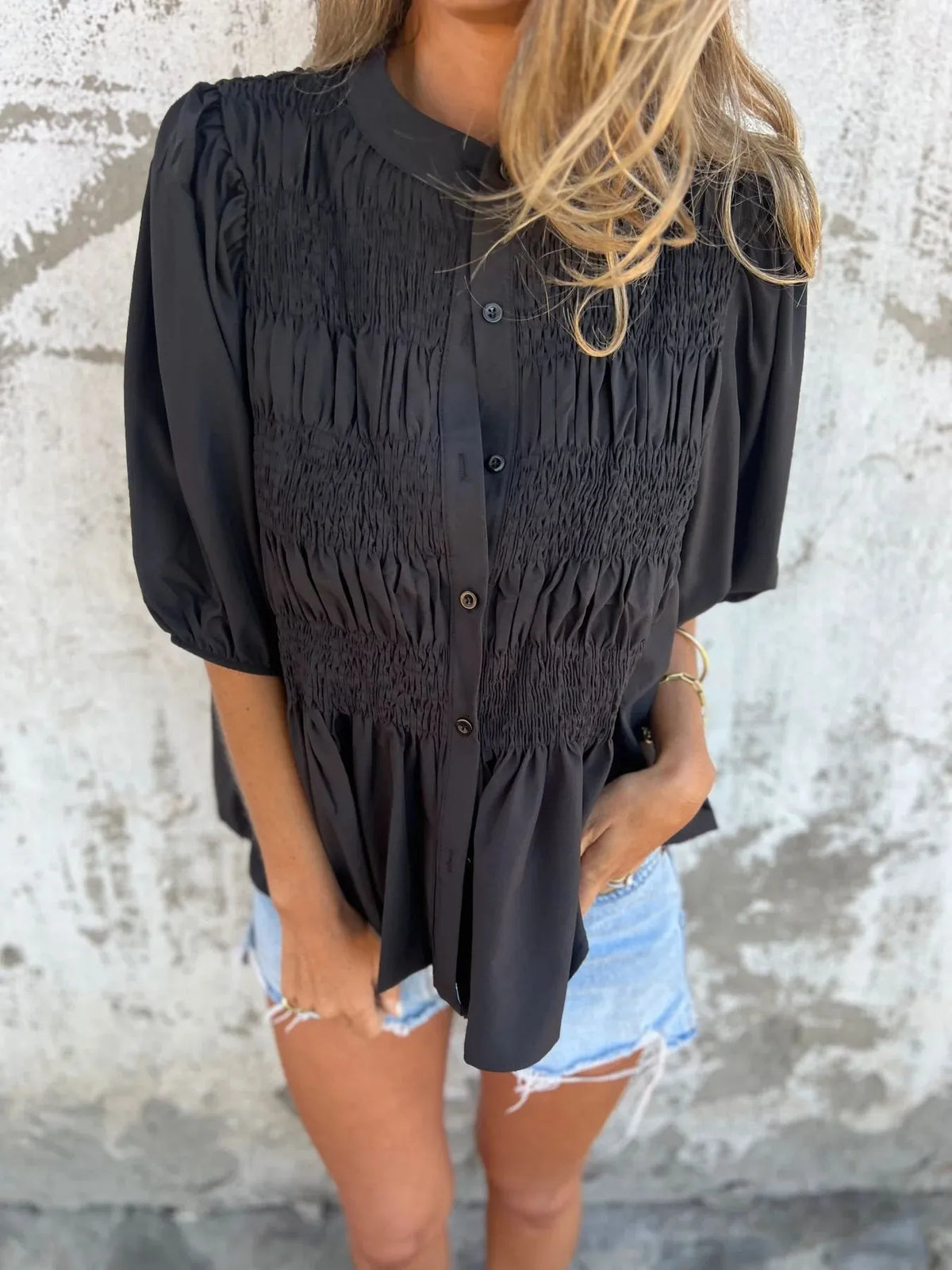 Full Size Smocked Puff Sleeve Blouse Plus Size - Lilixa.store