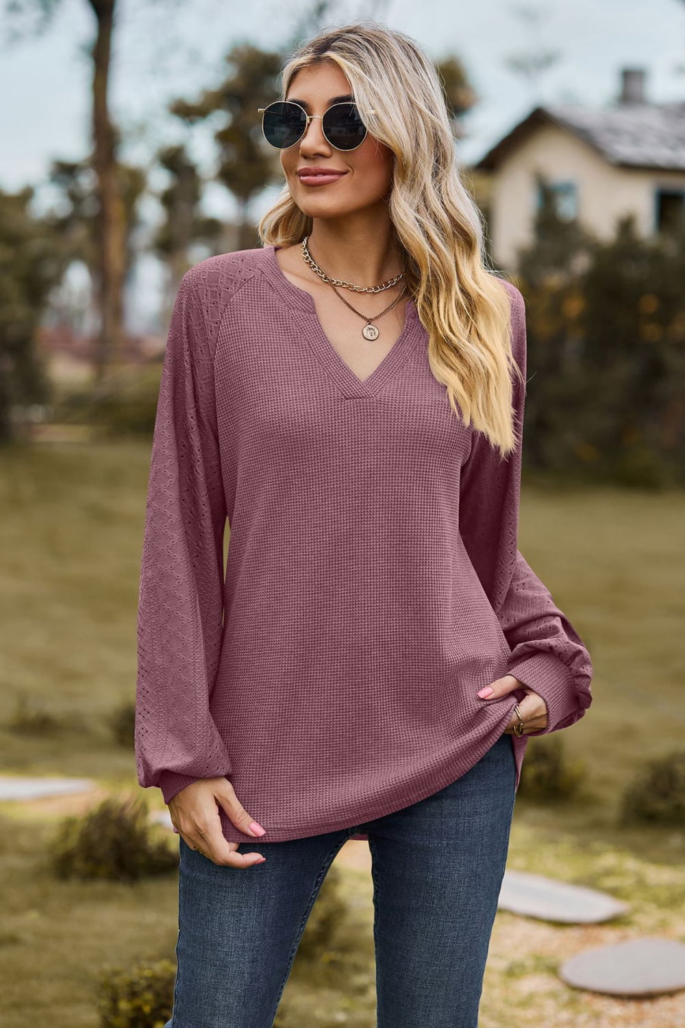 Notched Neck Raglan Sleeve Blouse, view 2