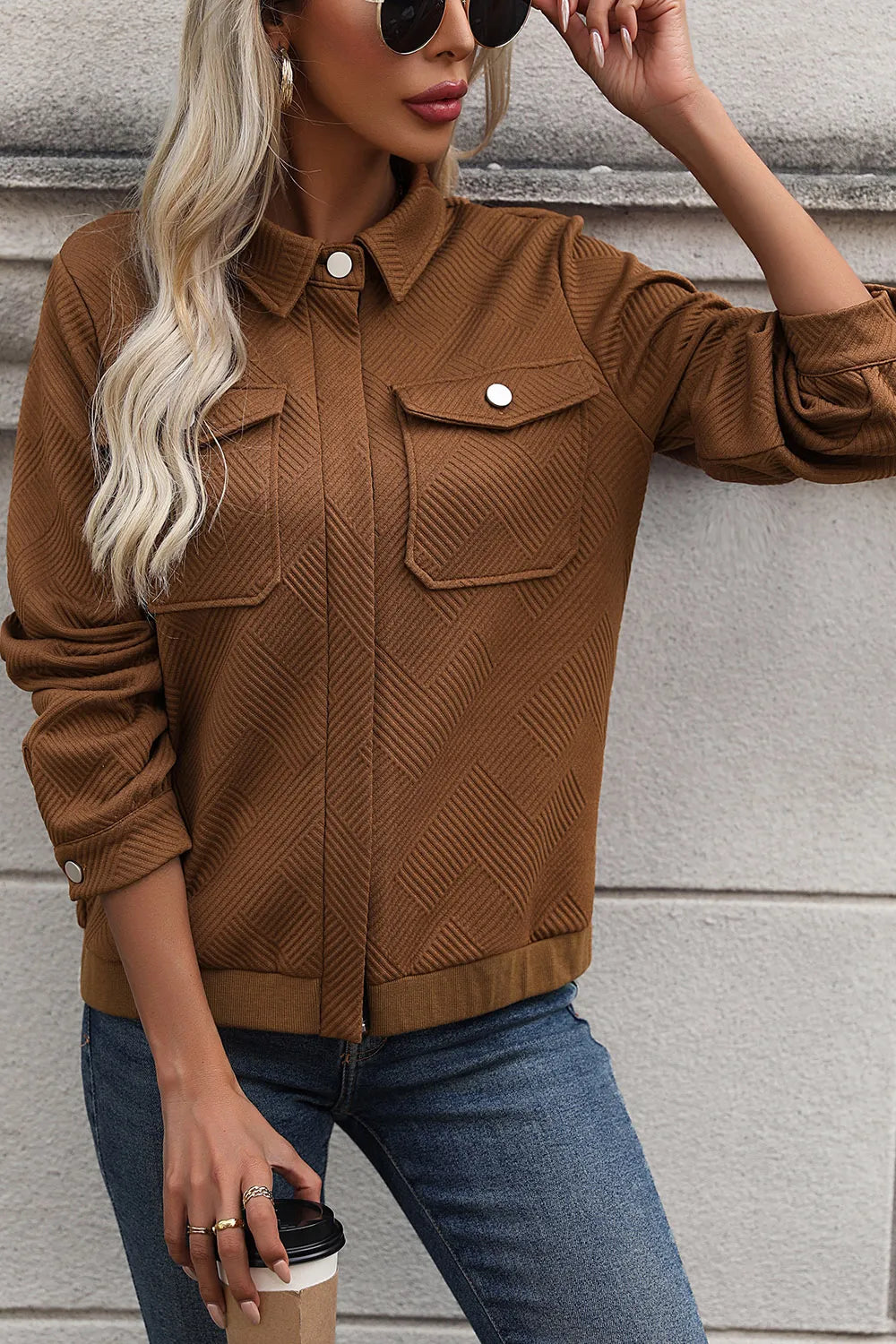 Perfee Textured Zip Up Collared Neck Jacket - Lilixa.store