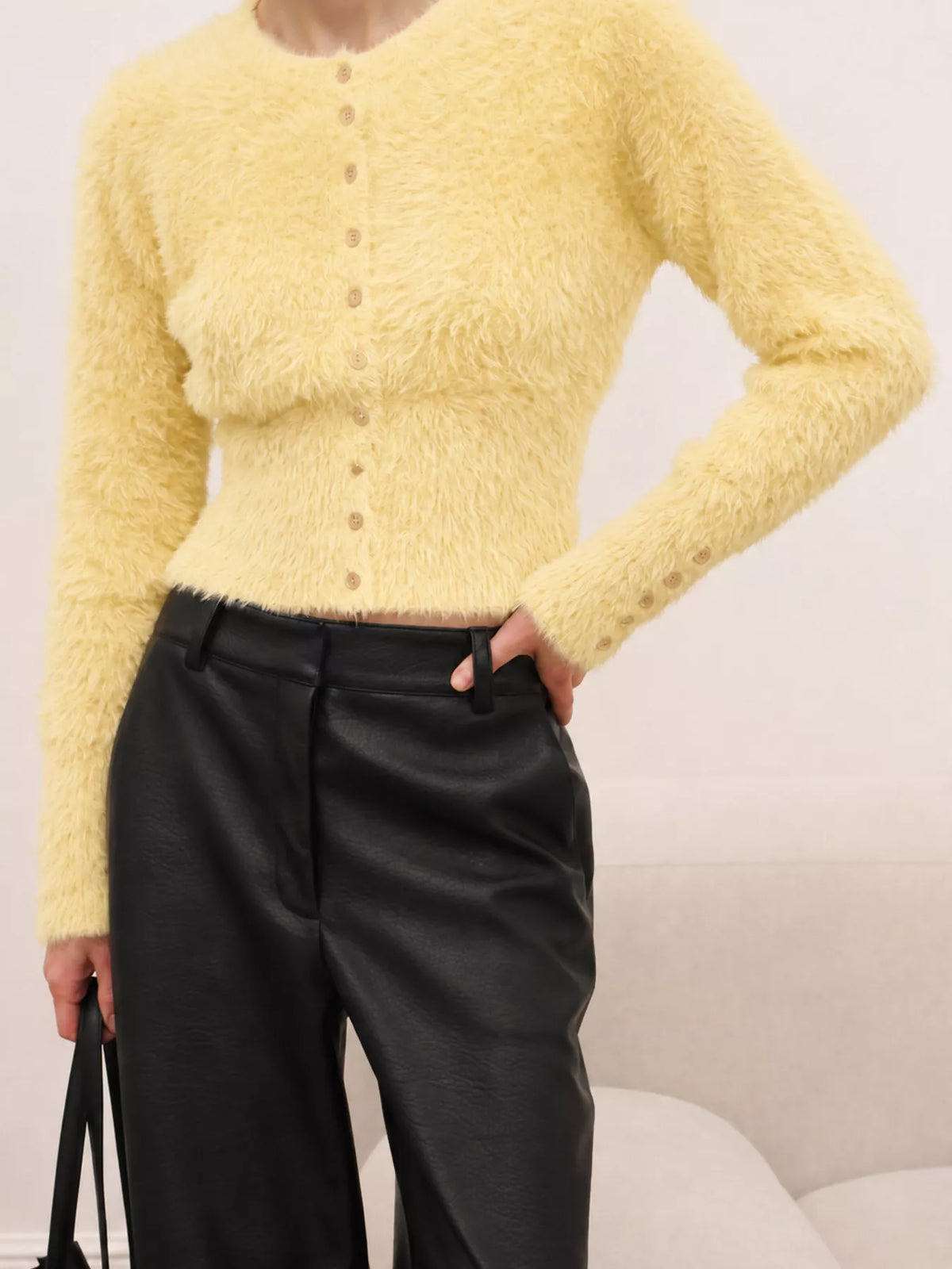 Soft Fuzzy Button-Down Cropped Cardigan in Pastel Yellow