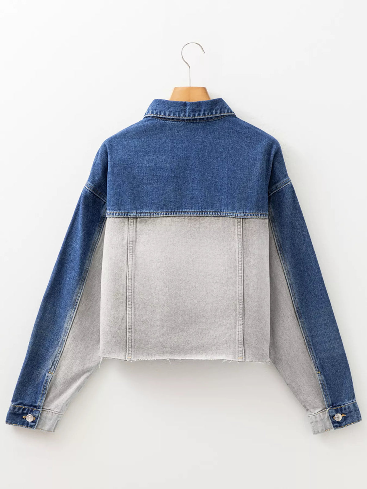 Color Block Patchwork Raw Hem Denim Jacket in Light Gray, view 8