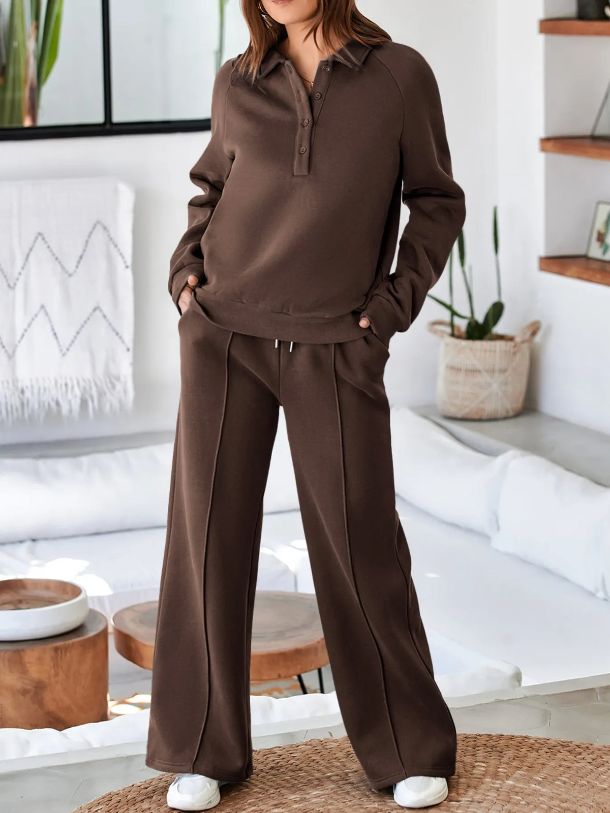 Collared Sweatshirt and High Waist Pants Active Set - Lilixa.store