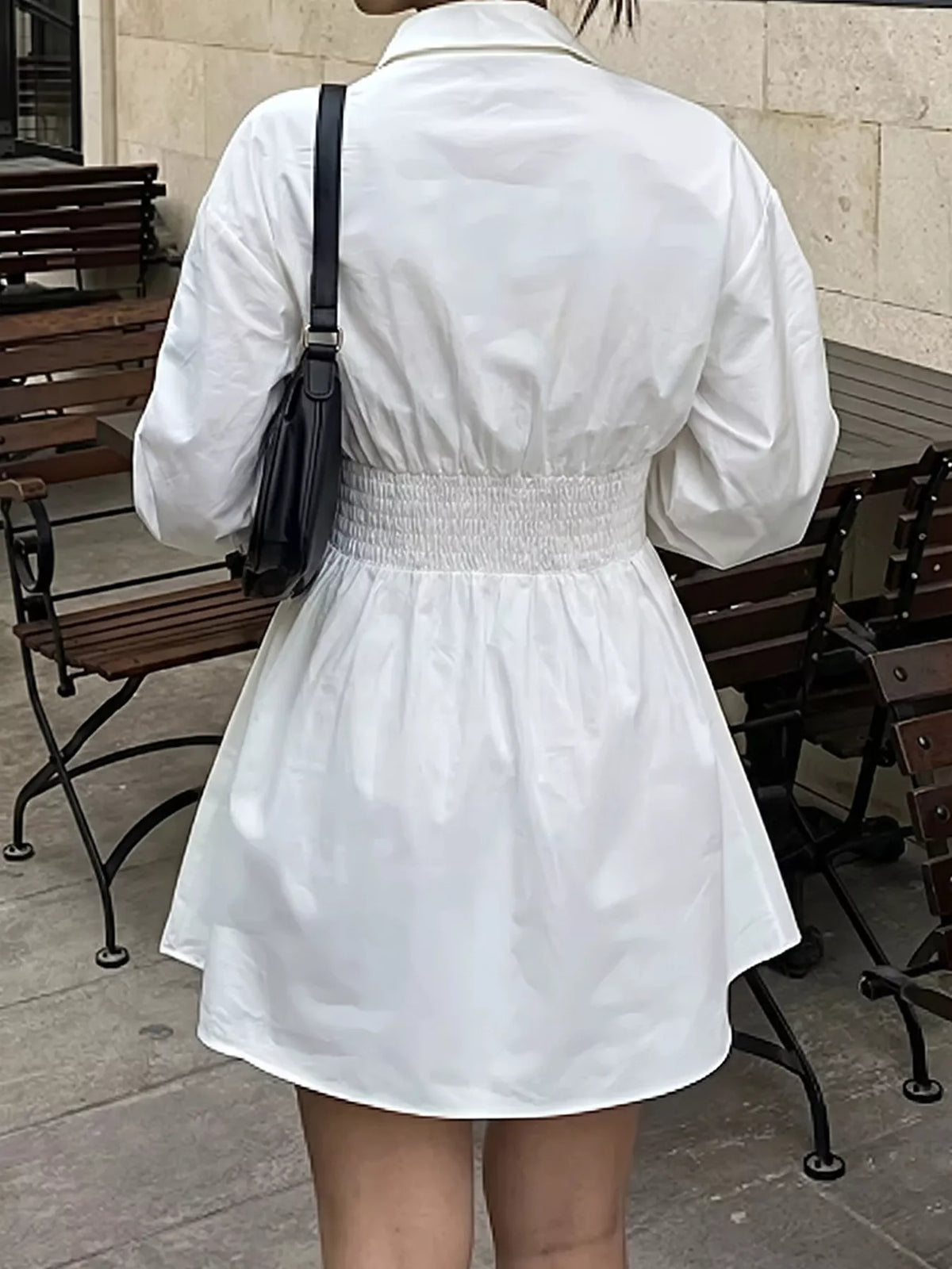 Collared Neck Lantern Sleeve Mini Dress