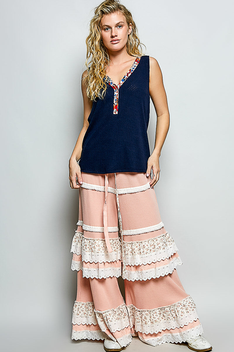 POL Ribbed V-Neck Tank with Contrast Floral Neckband - Lilixa.store