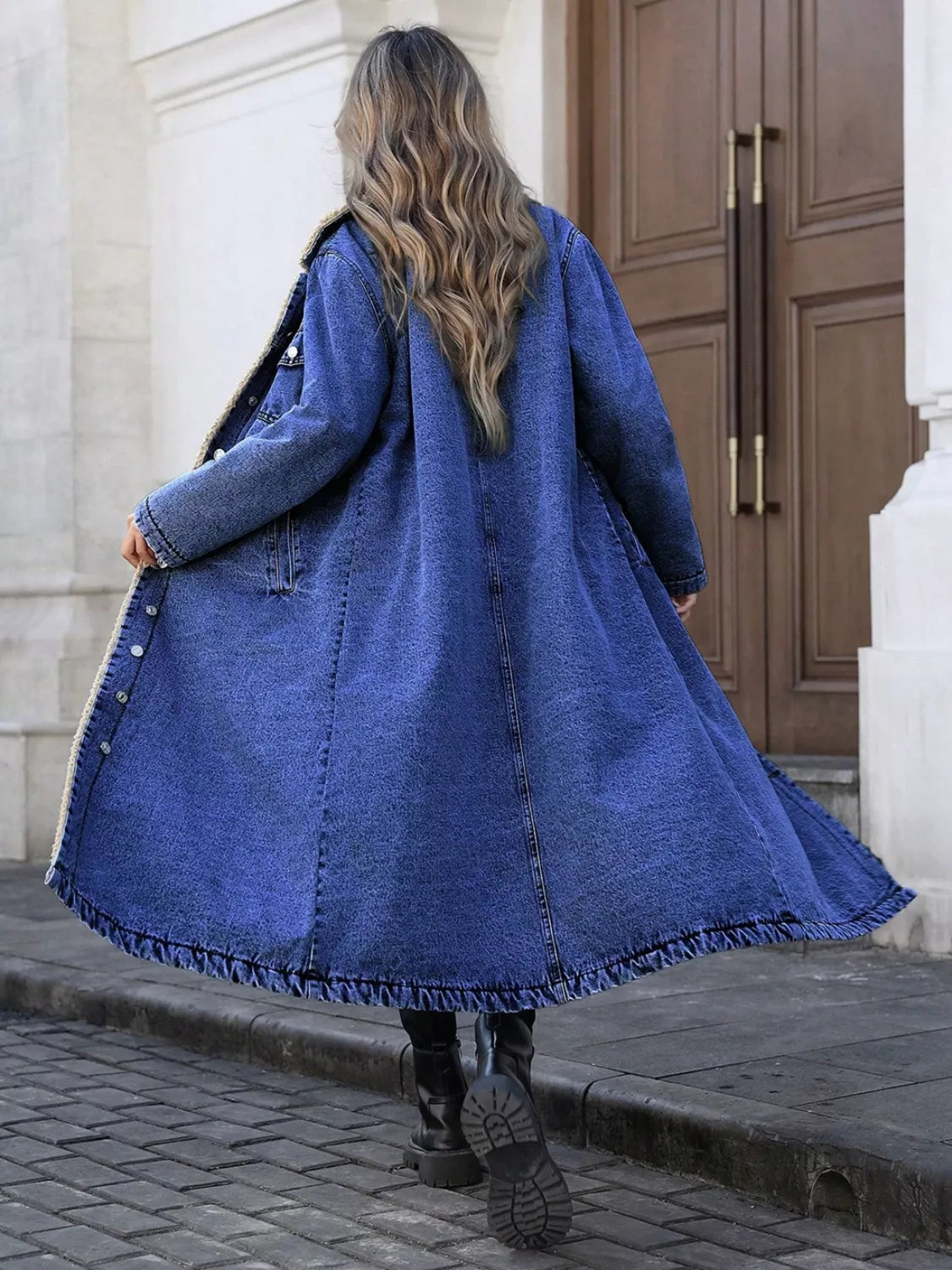 Sherpa Lined Longline Denim Jacket, view 7