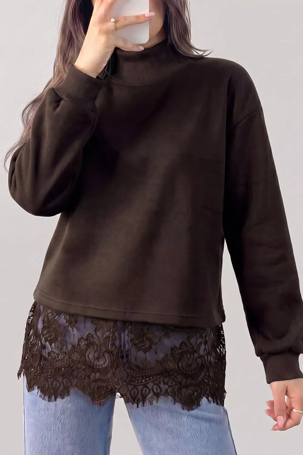 Lace Hem Mock Neck Sweatshirt