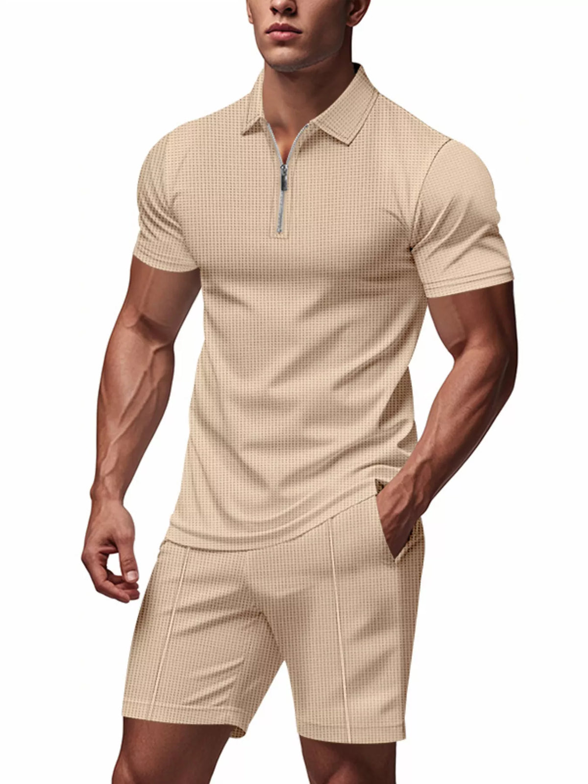 Men's Plus Size Quarter Zipper Polo Shirt and Shorts Set