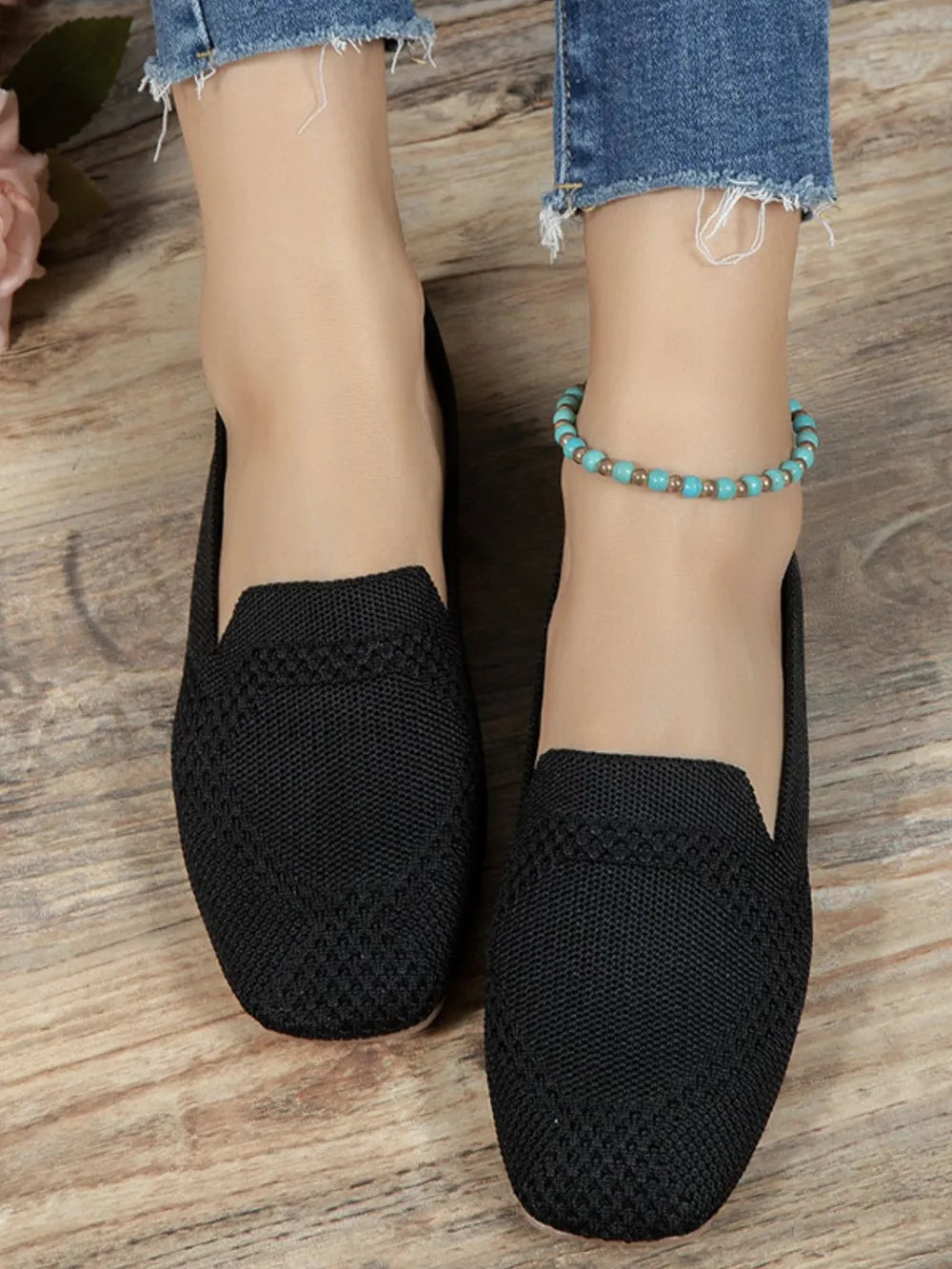 Square Toe Flat Slip-Ons in Black
